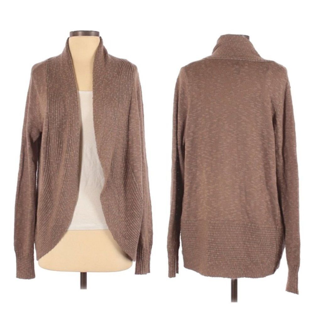 Kenneth Cole Rib Knit Detailed Burnout Marbled Open Duster Cardigan Taupe Sz S‎